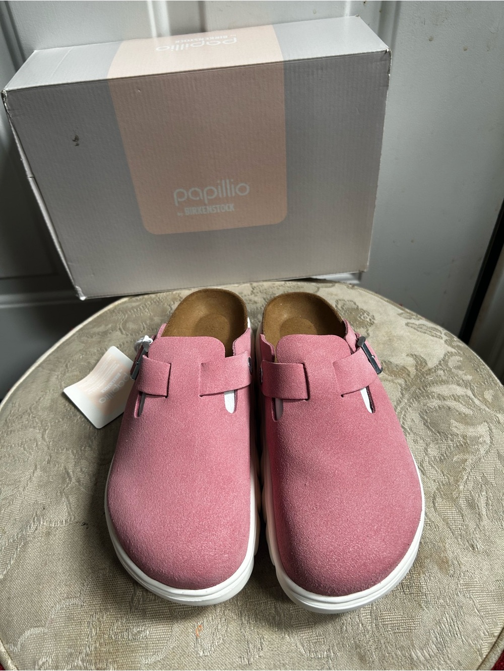 Eu 37-US6W/US4 M Papillio Birkenstock Candy Pink Boston Suede Pap Chunky slides - Picture 7 of 13